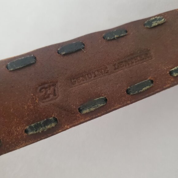 Vintage ASK Brown Leather Belt Black Contrast Stitch Silver Tone Buckle Unisex - Picture 8 of 10